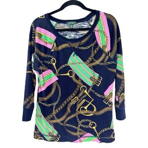 Ralph Lauren Womens Large Waffle Knit Top Horse Bit Print Equestrian Heritage
